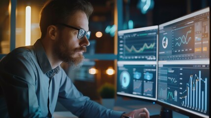 A thoughtful businessman, wearing glasses, intently studies a computer screen filled with financial data. image intense focus and dedication required to make crucial business decision generative ai