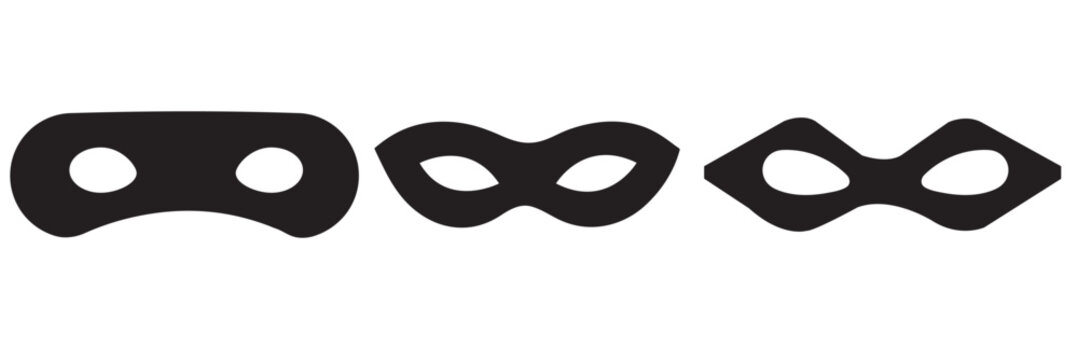 Mask superhero carnival villain or burgar vector icon set. Black masquerade costume eye mask silhouette hidden person face. Simple design incognito party masque shape template illustration.