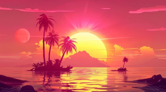 Island sunset flat design front view summer theme animation vivid