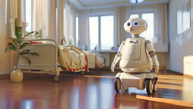 A friendly service robot navigating a hospital room, representing the integration of advanced robotics in healthcare to assist with patient care and medical tasks.