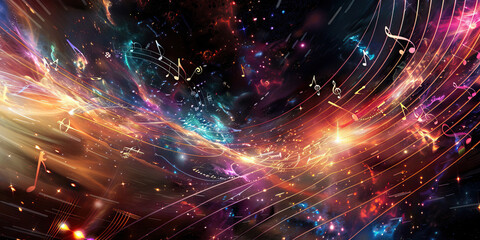 Obraz premium Celestial Harmonies: Music Notes Drifting Through Celestial Bodies and Cosmic Phenomena