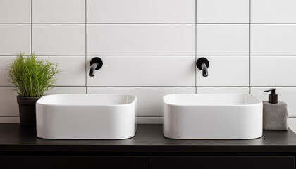 Fototapeta premium Two modern white ceramic sinks with black faucets in a bright bathroom with white tiled walls and a dark vanity