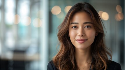 Obraz premium Portrait of filipina woman beautiful business leader, in modern bright office boardroom, professional atmosphere, leadership, diverse workplace, corporate setting.