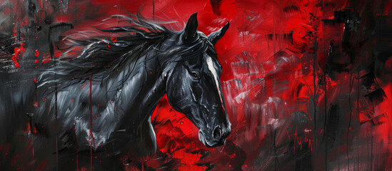 Dramatic black horse painting on red background, powerful and intense equine art