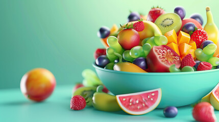 3d Cartoon fruit salad with vibrant fruits