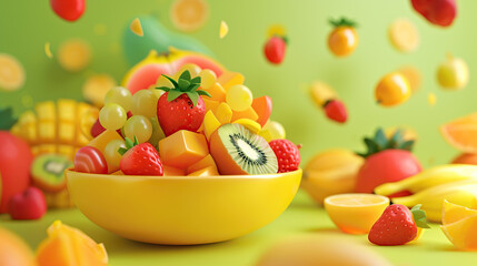 3d Cartoon fruit salad with vibrant fruits