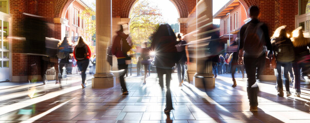 Crowded college corridor with students in motion, emphasizing the hustle and bustle of campus life.