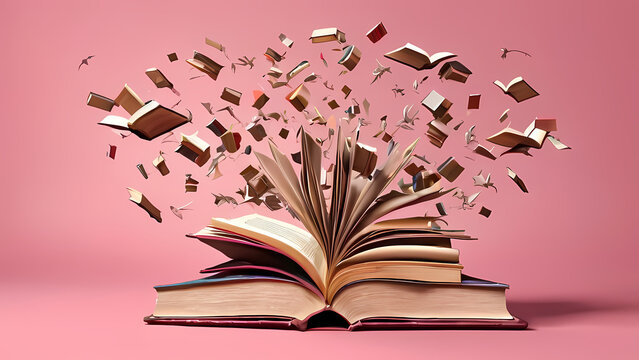 Books fly out of book on pink background, , education concept , card with copy space, generative ai 