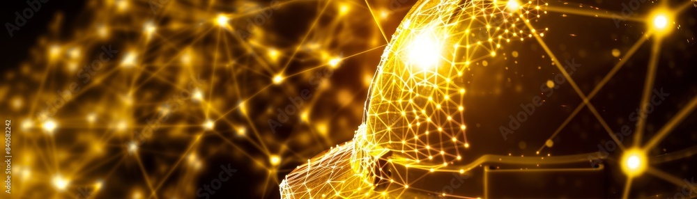 Poster abstract golden geometric network with glowing points and lines on black background