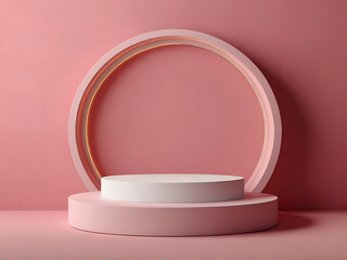 pink background, round podium, isometric view
