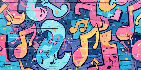 Urban Street Beats: Graffiti Wall Covered in Vibrant Music Notes and Hip-Hop Elements