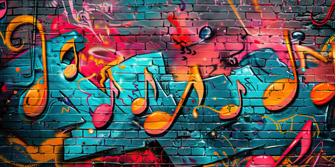 Fototapeta premium Urban Street Beats: Graffiti Wall Covered in Vibrant Music Notes and Hip-Hop Elements