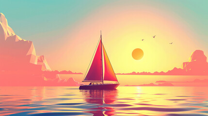 Fototapeta premium A sailboat glides peacefully on the sea at sunset, with the golden sun setting behind it, casting a warm orange glow over the water