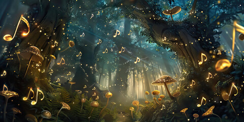 Obraz premium Enchanting Fairy Tale Melodies: Music Notes Floating in a Magical Fairy Tale Forest with Fairies and Mythical Creatures