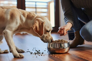 Dog next to a bowl of dry food. Pet food bowl isolated on a background with copy space. Pet care...