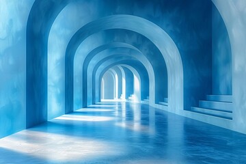 Fototapeta premium Simple long hallway: blue wall, white ceiling