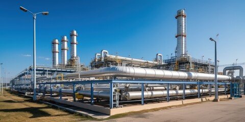 Fototapeta premium Part of a large pipeline at a gas distribution terminal. Liquefied natural gas and its transportation as the basis of fundamental economic flows of the modern economic model of the world.