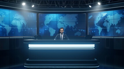 Fototapeta premium Professional news anchor sitting behind a sleek news desk in a modern news studio
