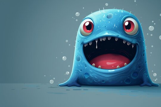Cute blue blob monster with big eyes and open mouth in a cartoon style