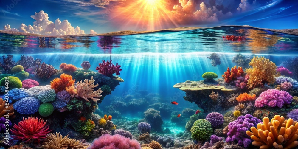 Wall mural underwater landscape with vibrant corals, serene waterline, and rising air bubbles, underwater, land - Wall murals