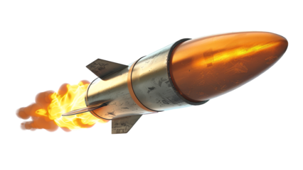 A ballistic missile launches, leaving a trail of fire in its wake against a white background. Isolated image for design.