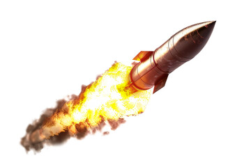 An isolated image showcasing a ballistic missile launching from the ground, with fiery exhaust trailing behind it. Isolated image for design.
