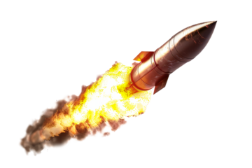An isolated image showcasing a ballistic missile launching from the ground, with fiery exhaust trailing behind it. Isolated image for design.
