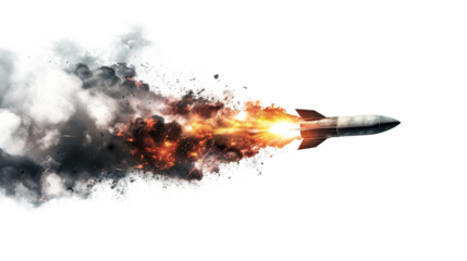 A strategic ballistic missile isolated against a white background, launching with a burst of flames and smoke. Isolated image for design.