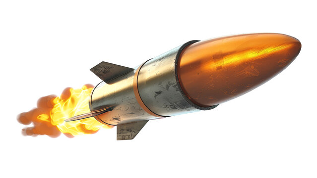 A ballistic missile launches, leaving a trail of fire in its wake against a white background. Isolated image for design.