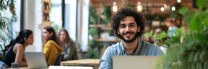 Middle eastern manager with curly hair working on a laptop in a creative marketing agency - Powered by Adobe