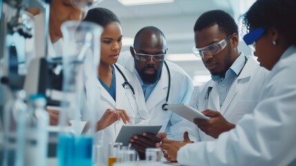 A team of medical scientists in a modern laboratory discusses and uses a digital tablet to analyze innovative biomarker research data