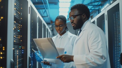 Two data center engineers discussing diagnostic and maintenance work using laptop in server room