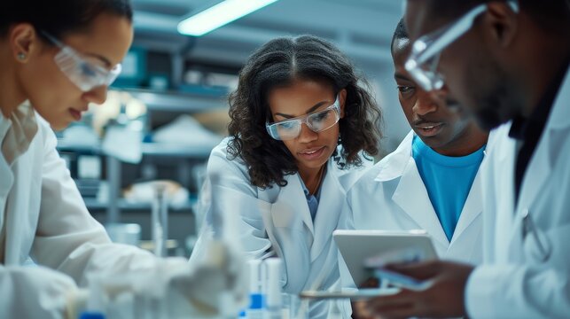 A team of medical scientists in a modern laboratory discusses and uses a digital tablet to analyze innovative biomarker research data - Powered by Adobe