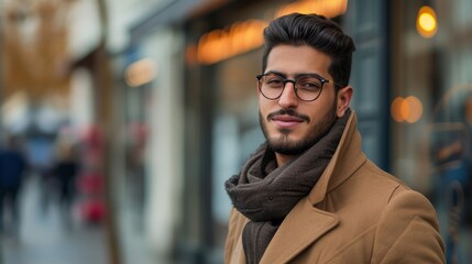 Fototapeta premium Middle Eastern young man in a fashionable outfit poses for a fashion photo shoot in an urban setting