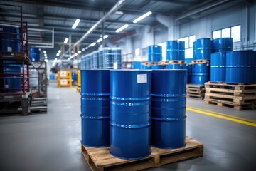 Pallet with barrels in a petrochemical products warehouse. Warehousing and storage of petrochemical products at an oil refinery.