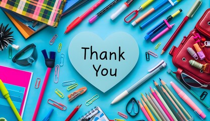 heart-shaped card with the words "Thank You" surrounded by colorful school supplies on a blue background, in a flat lay top view