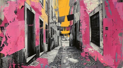 Fototapeta premium Contemporary Art Collage with Porto Cobblestone Alleyway
