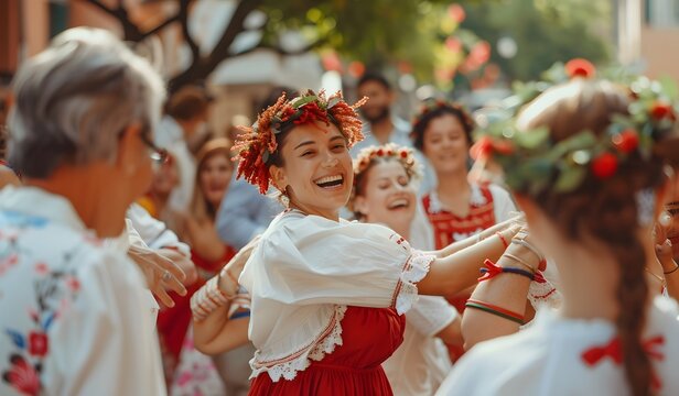 Fototapeta Traditional Italian folk dance, with a group dancing in red and white in the street with laughing women wearing wreaths on their heads