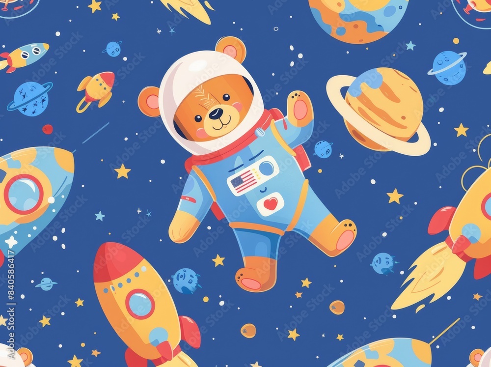 Poster a seamless pattern with a funny astronaut and outer space transportation