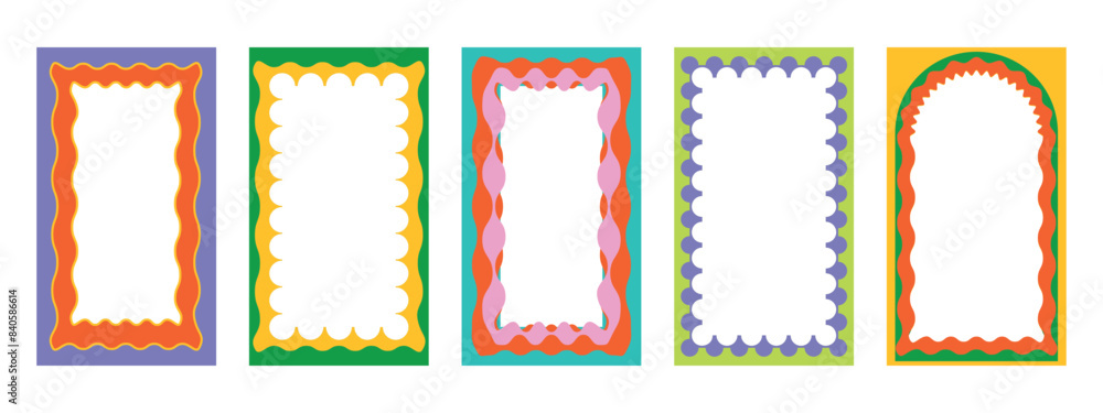 Aufkleber wave scalloped edge border. multicolored template for social media. frames with groovy elements. geo