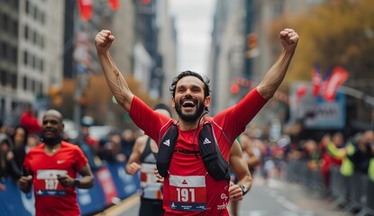 cheerful man celebrating his victory in the marathon, with other runners behind him and blurred cityscape background