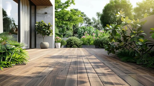 serene backyard patio with wooden floor and natural greenery background 3d illustration