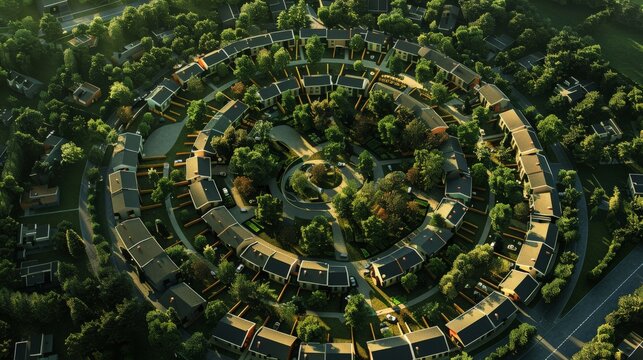 An overhead view of a geometrically perfect circular village layout