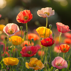 Fototapeta premium poppy flowers in the field with sunlight