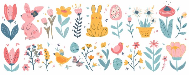 Modern illustrations with cute animals in cute patterns. Baby illustrations. Rose, leaves, floral bouquets, and flower compositions in a variety of patterns for baby posters, cards, and other items.