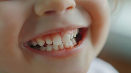 Fototapeta premium A happy child shows off his bright white smile after visiting the dentist. Concept for the development of dental clinics for children. 