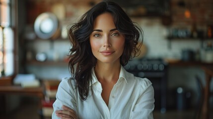 Fototapeta premium A courageous woman with black hair and white skin, arms crossed over her chest, smiling confidently. Ambition and business success concept Leader's Hero Power, Motivation and Inner Strength Symbol