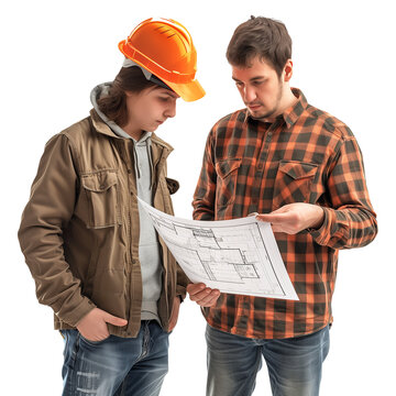 A foreman  uses a plan to give instructions to a young, eager intern in a hard hat, creating a dynamic and thought-provoking scene. Transparent png, add your own background.