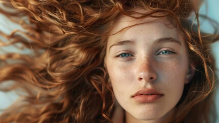 Naklejka premium Close-up of a girl's face with copper-colored hair. The concept of improving the appearance of hair, revealing femininity and attractiveness, developing the hairdressing business.