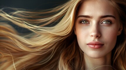 Fototapeta premium Close-up of the face of a girl with light brown hair. The concept of improving the appearance of hair, revealing femininity and attractiveness, developing the hairdressing business.